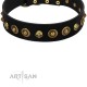 "Reckless Mutt" FDT Artisan Black Leather Collar with Skulls and Brooches