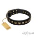 "Reckless Mutt" FDT Artisan Black Leather Collar with Skulls and Brooches