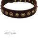 "Street Fashion" FDT Artisan Brown Leather Dog Collar Adorned with Circles and Skulls