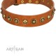 "Prez of the Pack" FDT Artisan Tan Leather Dog Collar with Skulls and Brooches