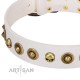 "Wondrous Venture" FDT Artisan White Leather Dog Collar with Skulls and Brooches