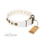 "Wondrous Venture" FDT Artisan White Leather Dog Collar with Skulls and Brooches
