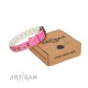"Pawty Time" FDT Artisan Pink Leather Dog Collar with Decorative Skulls and Brooches