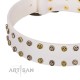 "Crystal Night" FDT Artisan White Leather Dog Collar with Two Rows of Small Studs