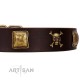 "Crazy Pirate" FDT Artisan Brown Leather Dog Collar with Old Bronze-Plated Skulls and Plates
