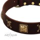 "Crazy Pirate" FDT Artisan Brown Leather Dog Collar with Old Bronze-Plated Skulls and Plates