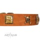 "Knights Templar" FDT Artisan Tan Leather Dog Collar with Skulls and Crossbones Combined with Squares