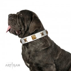 "Glo Up" FDT Artisan White Leather Dog Collar with Skulls and Crossbones Combined with Squares