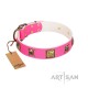 "Wild and Free" FDT Artisan Pink Leather Dog Collar with Skulls and Crossbones Combined with Squares