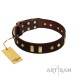 "Blinking Illusion" FDT Artisan Brown Leather Dog Collar with Old Bronze-like Studs and Plates