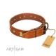 “Woofy Dawn” FDT Artisan Tan Leather Dog Collar with Plates and Rhombs