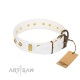 “Hella Cool” FDT Artisan White Leather Dog Collar Adorned with Plates and Rhombs