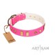 "Gentle Temptation" FDT Artisan Pink Leather Dog Collar with Goldish Plates and Studs