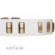 "Glorious Light" FDT Artisan White Leather Dog Collar with Old Bronze-like Plates