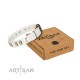 "Glorious Light" FDT Artisan White Leather Dog Collar with Old Bronze-like Plates