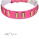 "Rubicund Frill" FDT Artisan Pink Leather Dog Collar with Engraved and Smooth Plates