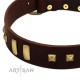 "Choco Delight" FDT Artisan Brown Leather Dog Collar with Old Bronze-like Plates and Studs