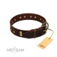 "Choco Delight" FDT Artisan Brown Leather Dog Collar with Old Bronze-like Plates and Studs
