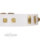 "Wintertide Mood" FDT Artisan White Leather Dog Collar with Old Bronze-like Plates and Studs