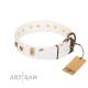 "Wintertide Mood" FDT Artisan White Leather Dog Collar with Old Bronze-like Plates and Studs