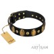 "Retro Pusle" FDT Artisan Brown Leather Dog Collar with Old Bronze-like Studs and Oval Brooches