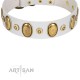 "Pearly Grace" FDT Artisan White Leather Dog Collar with Engraved Ovals and Small Dotted Studs