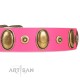 "Drawing Power" FDT Artisan Pink Leather Dog Collar with Engraved Ovals and Dotted Studs