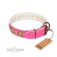 "Drawing Power" FDT Artisan Pink Leather Dog Collar with Engraved Ovals and Dotted Studs