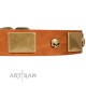 "Mutt The Daredevil" FDT Artisan Tan Leather Dog Collar with Old Bronze-like Skulls and Plates