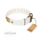"Inspiration" FDT Artisan White Leather Dog Collar with Antiqued Skulls and Plates