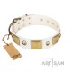 "Inspiration" FDT Artisan White Leather Dog Collar with Antiqued Skulls and Plates