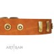 "Egyptian Script" FDT Artisan Tan Leather Dog Collar with Plates and Small Studs