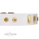 "Golden Union" Elegant FDT Artisan White Leather Dog Collar with Old Bronze-like Dotted Studs and Tiles