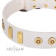 "Golden Union" Elegant FDT Artisan White Leather Dog Collar with Old Bronze-like Dotted Studs and Tiles