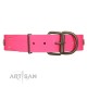 "Prim'N'Proper" Handmade FDT Artisan Pink Leather Dog Collar with Old Bronze-like Dotted Studs and Tiles