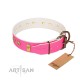 "Prim'N'Proper" Handmade FDT Artisan Pink Leather Dog Collar with Old Bronze-like Dotted Studs and Tiles