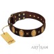 "Crystal Mirror" FDT Artisan Handmade Brown Leather Dog Collar - 1 1/2 inch (40 mm) Wide