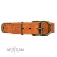 "Glossy Autumn" Designer Handmade FDT Artisan Tan Leather Dog Collar with Ovals and Studs