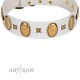 "Chichi Pearl" Designer Handmade FDT Artisan White Leather Dog Collar with Ovals and Studs
