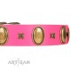"Pawfect Lady" Designer Handmade FDT Artisan Pink Leather Dog Collar with Ovals and Studs