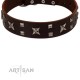 "Bigwig Woof" FDT Artisan Brown Leather Dog Collar with Chrome Plated Stars and Square Studs