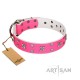 "Pink Call" Designer Handmade FDT Artisan Pink Leather Dog Collar