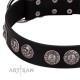 "Magic Amulete" Handcrafted FDT Artisan Black Leather Dog Collar with Chrome-Plated Shields