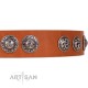 "Woofy Majesty" FDT Artisan Tan Leather Dog Collar with Round Silver-like Plates
