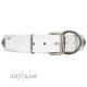 "Eye Candy" Appealing FDT Artisan White Leather Dog Collar with Chrome Plated Medallions