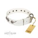 "Eye Candy" Appealing FDT Artisan White Leather Dog Collar with Chrome Plated Medallions