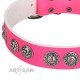 "Periapt of Power" FDT Artisan Pink Leather Dog Collar with Chrome Plated Medallions