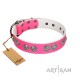 "Periapt of Power" FDT Artisan Pink Leather Dog Collar with Chrome Plated Medallions