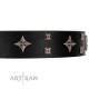 "Snappy Dresser" FDT Artisan Black Leather Dog Collar Adorned with Stars and Tiny Squares