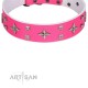 "Girls-Only" FDT Artisan Pink Leather Dog Collar Adorned with Stars and Tiny Squares